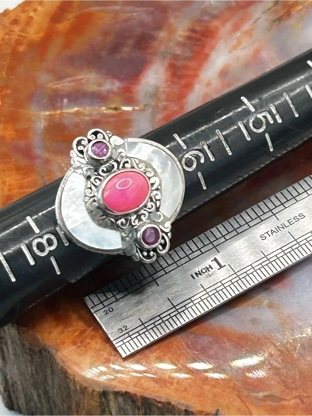Sterling Silver Ring with Mother of Pearl Shell, synthetic pink opal and ruby